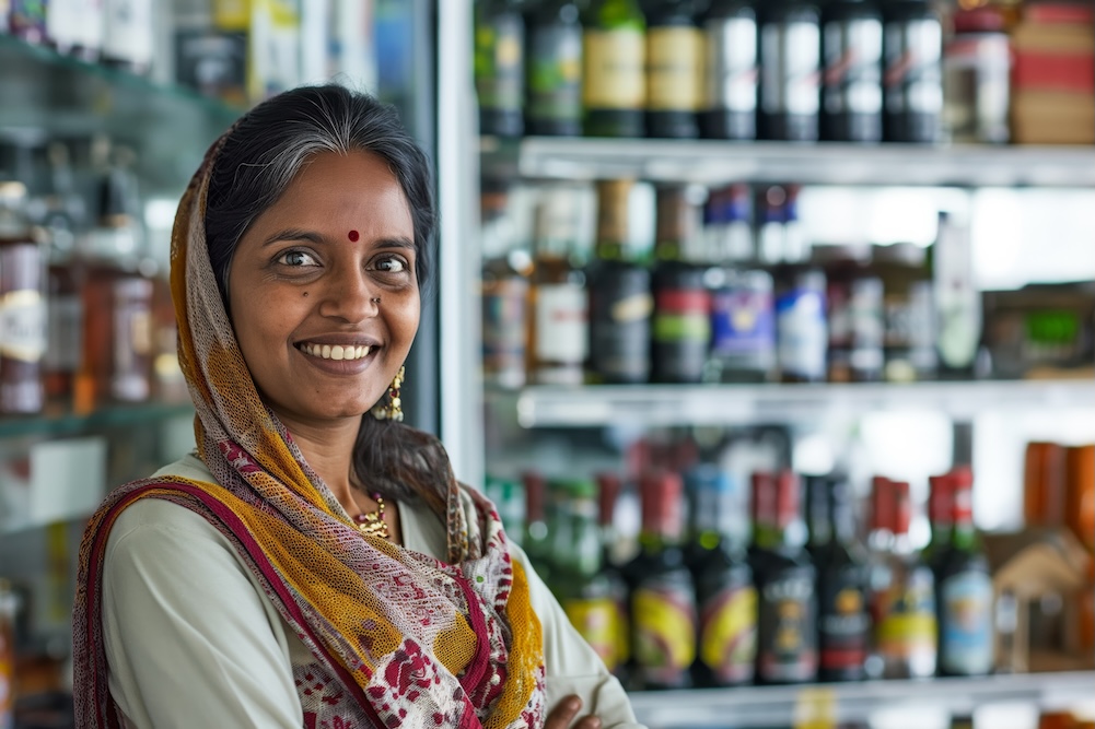 Smiling female indian Liquor store attendant (© Adriana/stock.adobe.com, AI-generated)