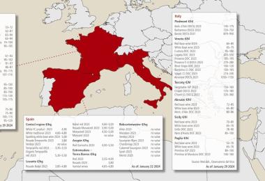 Sources: Ciatti Global Wine & Grape Brokers, own surveys, chambers of commerce, FranceAgriMer, Med.&A.and Osservatorio del Vino