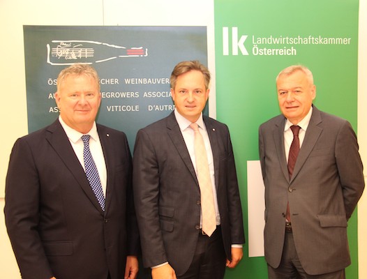 Expecting a good vintage (f.l.t.r.): Chris Yorke (CEO Austrian Wine Marketing Board), Johannes Schmuckenschlager (president of the Austrian Winegrowers’ Association), Josef Glatt (director of the Austrian Winegrowers’ Association) (Photo: Austrian Chamber of Agriculture/Martin Grob)
