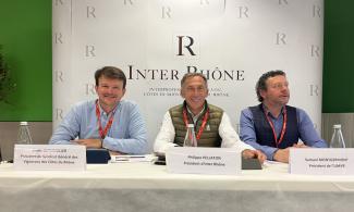 Denis Guthmuller, President du Syndicat Géneral des Vignerons des Côtes du Rhône, Philippe Pellaton, Prêsident d'Inter Rhône, Samuel Montgermont Prêsident de l'UMVR (form left)