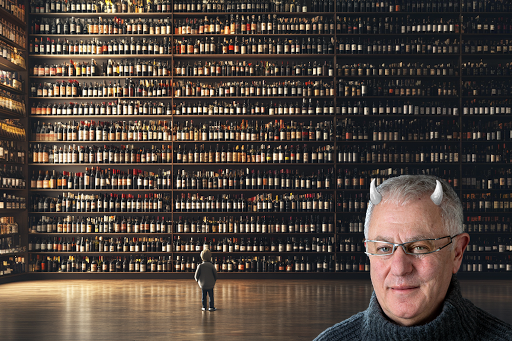 Robert Joseph - with horns, and a small person in front of a wall of wine. (Image: Cath Lowe and Midjourney AI)