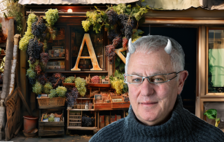 Robert Joseph - the Devil's Advocate, with a shop selling A-list grapes. Image Midjourney / Cath Lowe