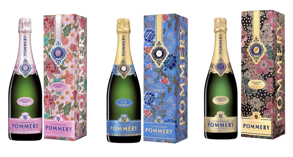 The new edition of the "World Collection" pays tribute to Indonesian batik art - Pommery Brut Rosé Royal Batik, Royal Elixir and Grand Cru Royal 2009 (Photos: Vranken Pommery)