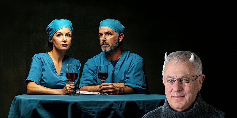 Robert Joseph with wine-drinking surgeons. Image: Catharine Lowe and Midjourney AI