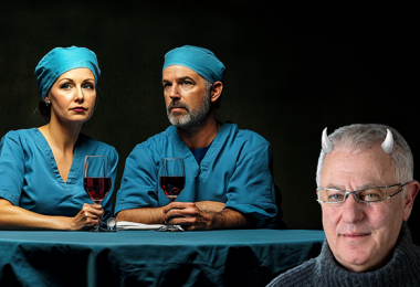 Robert Joseph with wine-drinking surgeons. Image: Catharine Lowe and Midjourney AI