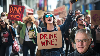 People marching with 'Drink Wine' banners, and Robert Joseph with horns. (Image: Catharine Lowe and Midjourney AI)