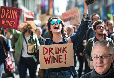 People marching with 'Drink Wine' banners, and Robert Joseph with horns. (Image: Catharine Lowe and Midjourney AI)