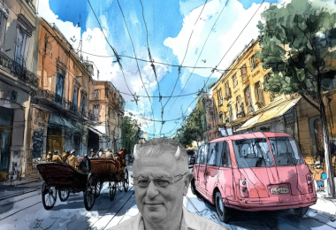 Robert Joseph - with horns - and horse-driven carriages and modern cars (Image: Midjourney AI)