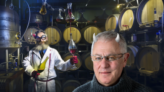 Robert Joseph - with horns - in a mad scientist laboratory. Image via Midjourney A!