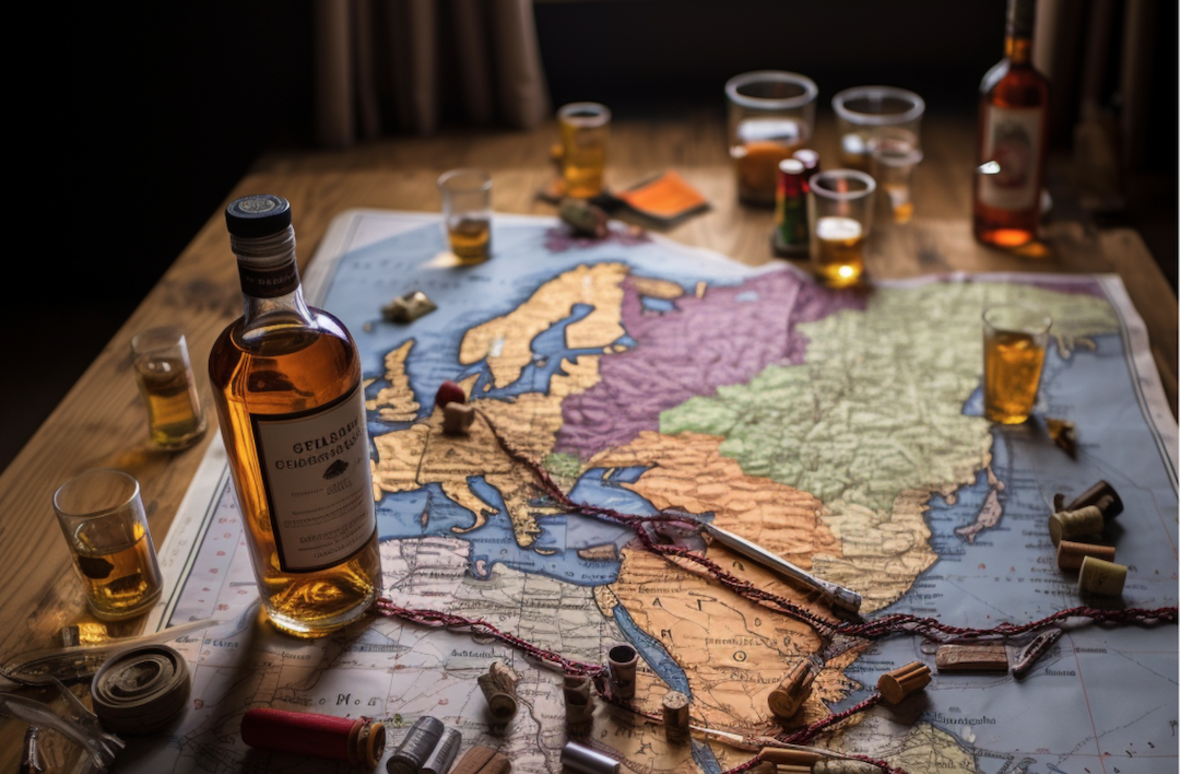 Whisky bottle and map