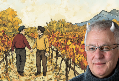 Robert Joseph - with horns, plus a group of winegrowers. Image: Catharine Lowe and Midjourney AI