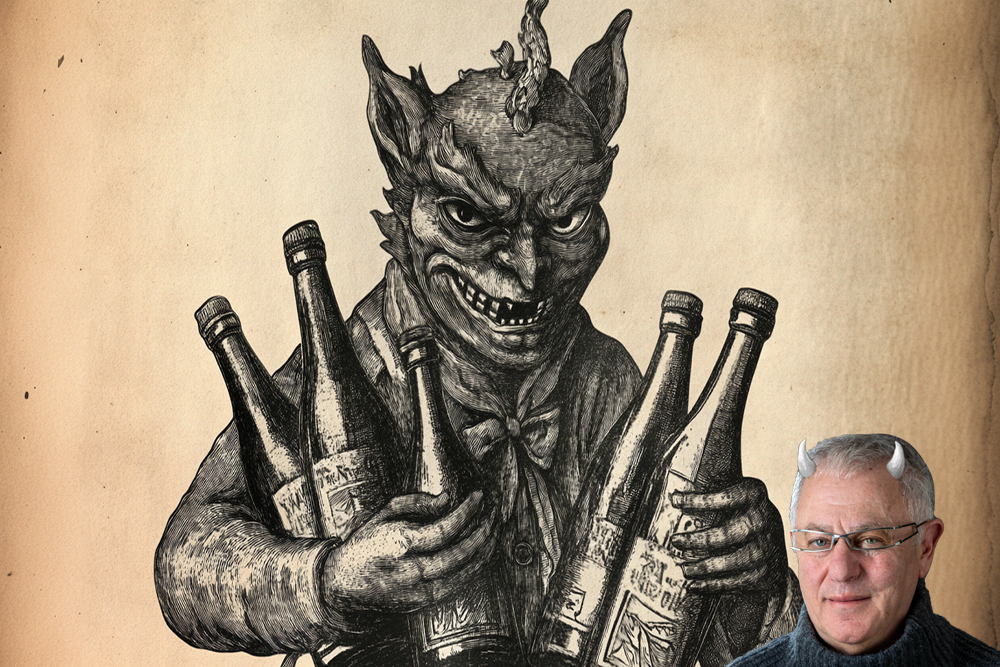 Robert Joseph with horns and a chimera holding bottles (image: ©️ Cath Lowe and Robert Joseph/Midjourney, AI generated) 