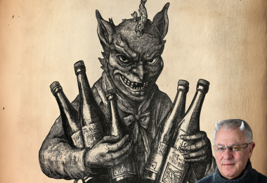 Robert Joseph with horns and a chimera holding bottles (image: ©️ Cath Lowe and Robert Joseph/Midjourney, AI generated) 