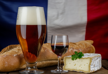 Beer, cheese, bread and wine. Image: Midjourney AI