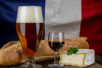 Beer, cheese, bread and wine. Image: Midjourney AI