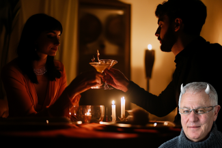 Couple enjoying romantic meal with cocktails. Plus Robert Joseph, with horns. (Image Cath Lowe and Midjourney AI)