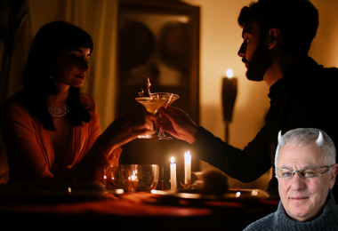 Couple enjoying romantic meal with cocktails. Plus Robert Joseph, with horns. (Image Cath Lowe and Midjourney AI)