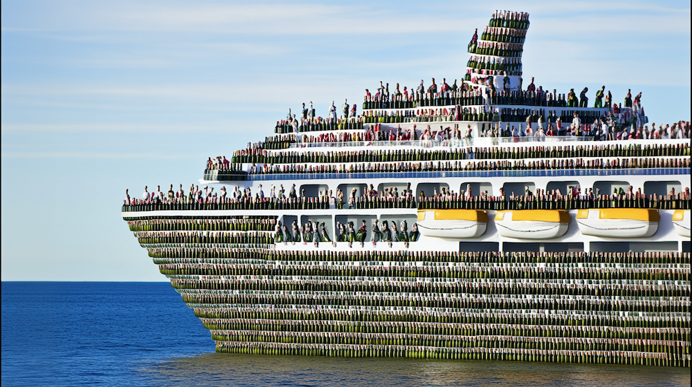 Cruise liner made out of wine bottles (Image: Midjourney AI)
