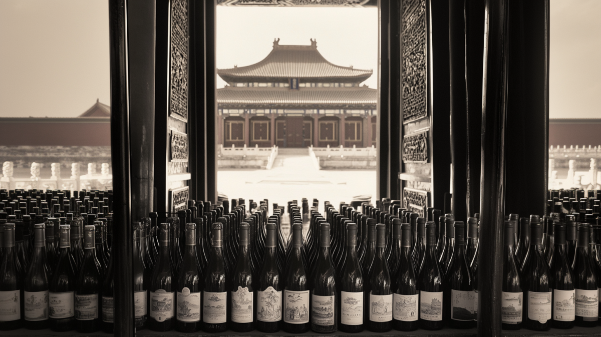 Australian wine bottles outside a Chinese palace. (Image by Midjourney AI)