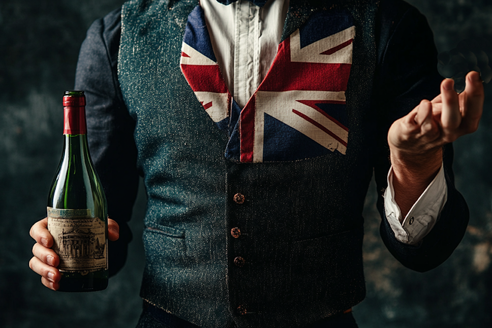 Image of UK tax collector with empty bottle and hand open for payment. Midjourney AI