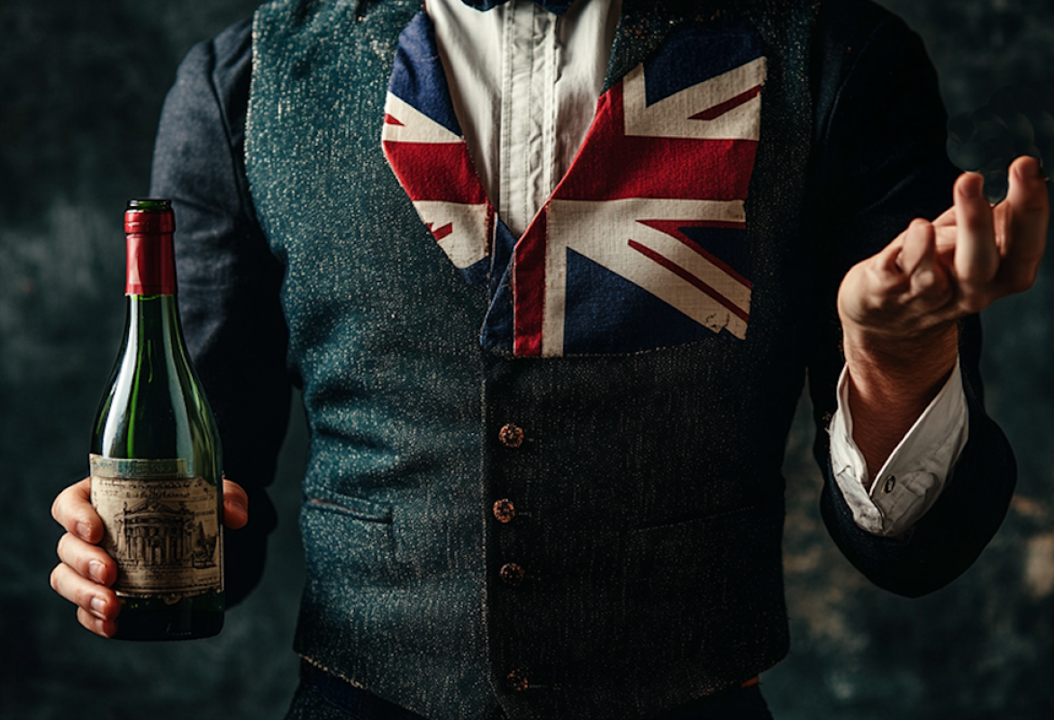 Image of UK tax collector with empty bottle and hand open for payment. Midjourney AI