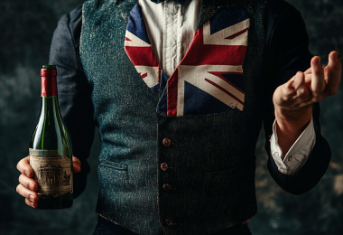 Image of UK tax collector with empty bottle and hand open for payment. Midjourney AI