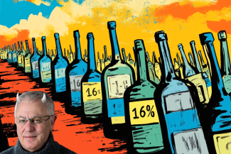 Robert Joseph with horns and an illustration of bottles oif wine. (Image: Cath Lowe and Midjourney AI)