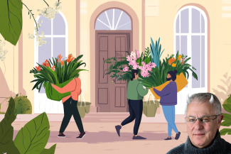 Robert Joseph with horns and Midjourney Ai  image of people carrying plants