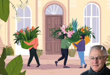 Robert Joseph with horns and Midjourney Ai  image of people carrying plants