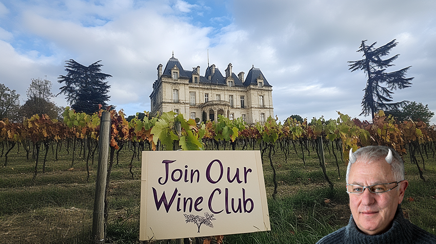 Bordeaux chateau with sign, and Robert Joseph with horns. (Image: Cath Lowe and Midjourney AI)