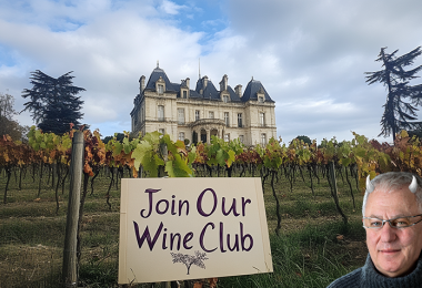 Bordeaux chateau with sign, and Robert Joseph with horns. (Image: Cath Lowe and Midjourney AI)