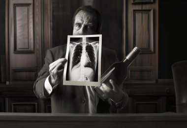 Lawyer holding x-ray and bottle of wine (Image: midjourney AI)