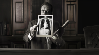 Lawyer holding x-ray and bottle of wine (Image: midjourney AI)