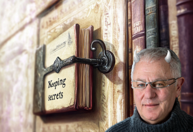 More honesty required. Robert Joseph with horns and 'Keeping Secrets' book.  Image: Catharine Lowe and Midjourney AI