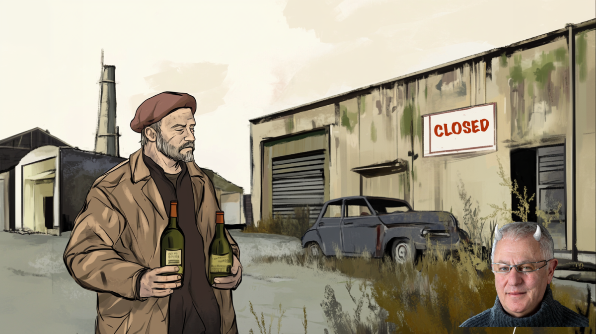 French peasant in front of closed warehouse. (Image: Cath Lowe and Midjourney AI)