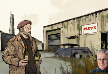 French peasant in front of closed warehouse. (Image: Cath Lowe and Midjourney AI)
