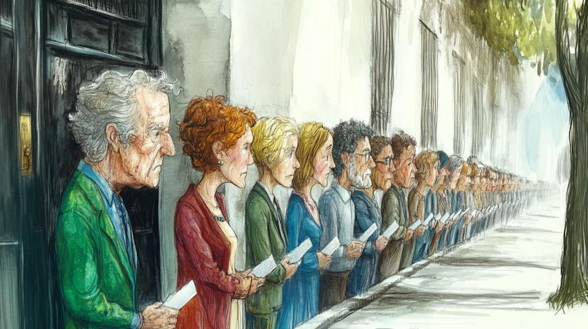 Line of people waiting to vote (image: Midjourney AI)