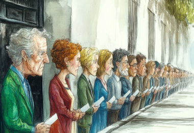 Line of people waiting to vote (image: Midjourney AI)
