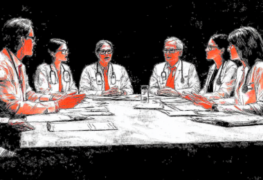 Doctors seated around a conference table