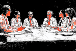 Doctors seated around a conference table