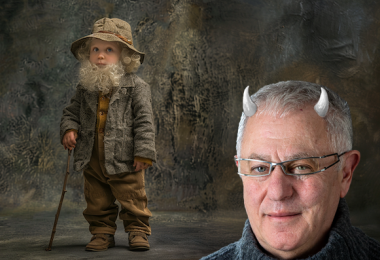 Robert Joseph with horns, and a child looking like an old man. (Image: Catharine Lowe and Midjourney AI)