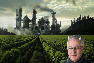 Robert Joseph with horns in front of a vineyard and big factory (©️ Cath Lowe and Robert Joseph/Midjourney, AI generated) 