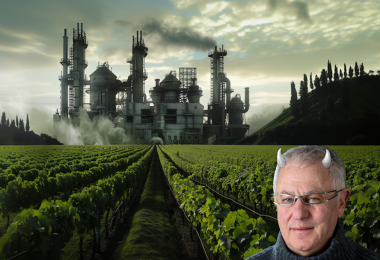 Robert Joseph with horns in front of a vineyard and big factory (©️ Cath Lowe and Robert Joseph/Midjourney, AI generated) 