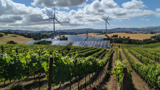 Vineyard with turbines and solar panels (Midjourney AI)