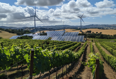 Vineyard with turbines and solar panels (Midjourney AI)