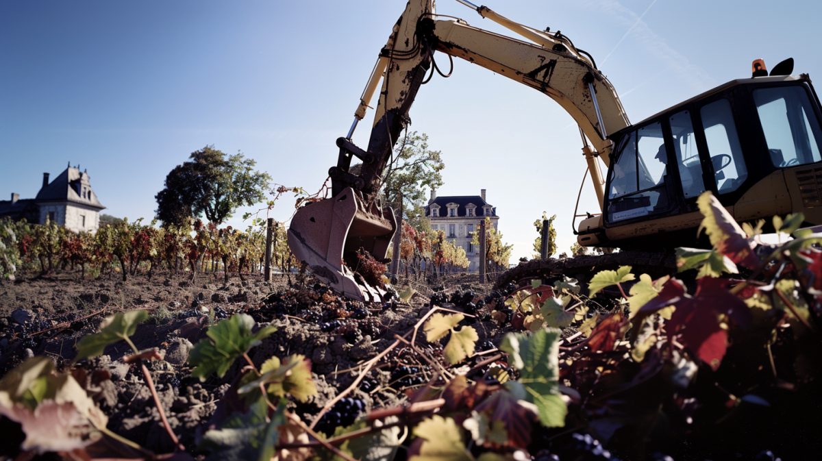 Vines being ripped up in France. Image: AI-Midjourney