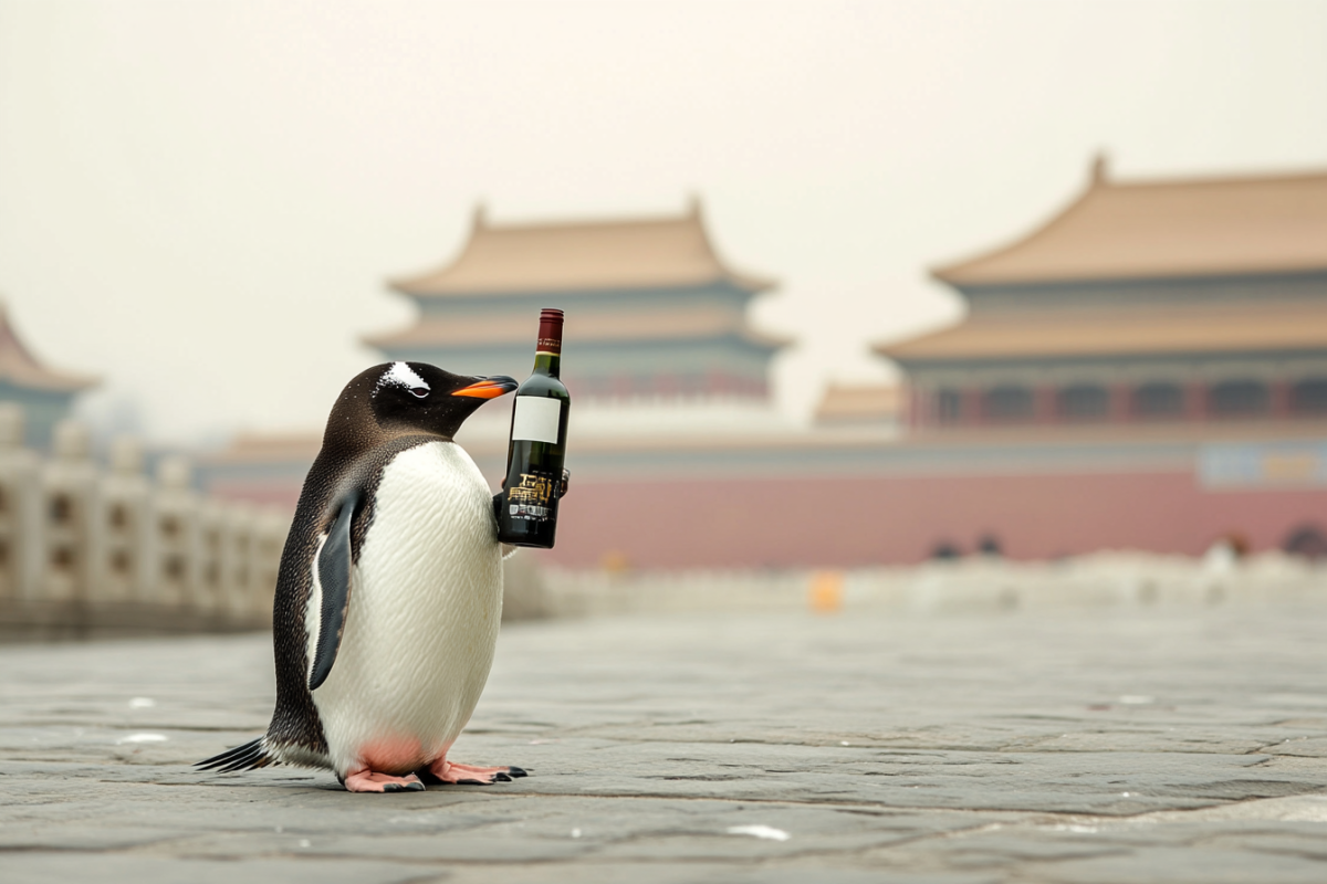 Penguin with bottle in Beijing (Image: Midjourney AI)