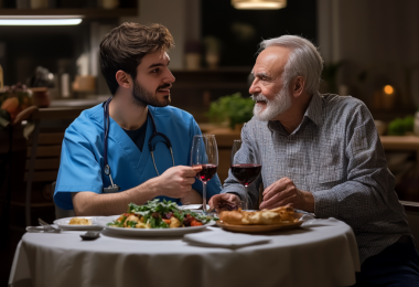 Young doctor and older man enjoying a meal with wine. Image by Midjourney AI
